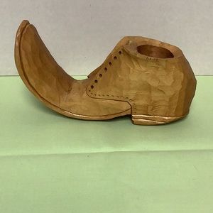 Hand carved primitive wooden shoe candle holder decor